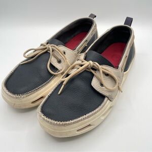 Crocs Cove Sport Boat Shoes Mens 12 White Navy Gray Leather Loafers Slip On